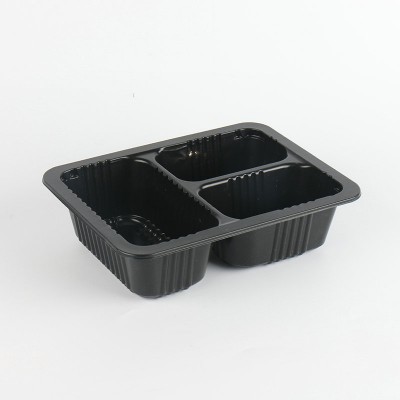 Wholesale customized logo black 1578ml rectangle cake plastic box, 3 compartment food container